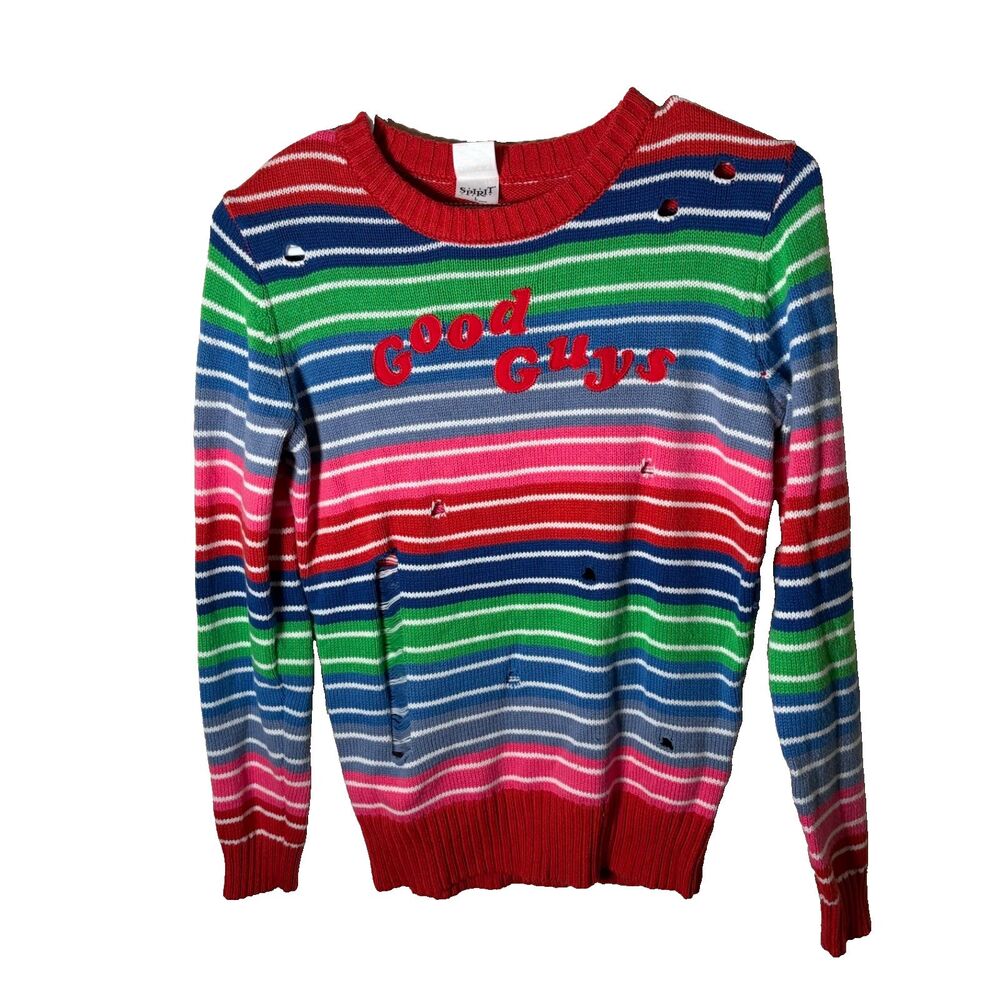 Chucky Costume Sweater Kid's Halloween Large Distressed Striped Pullover